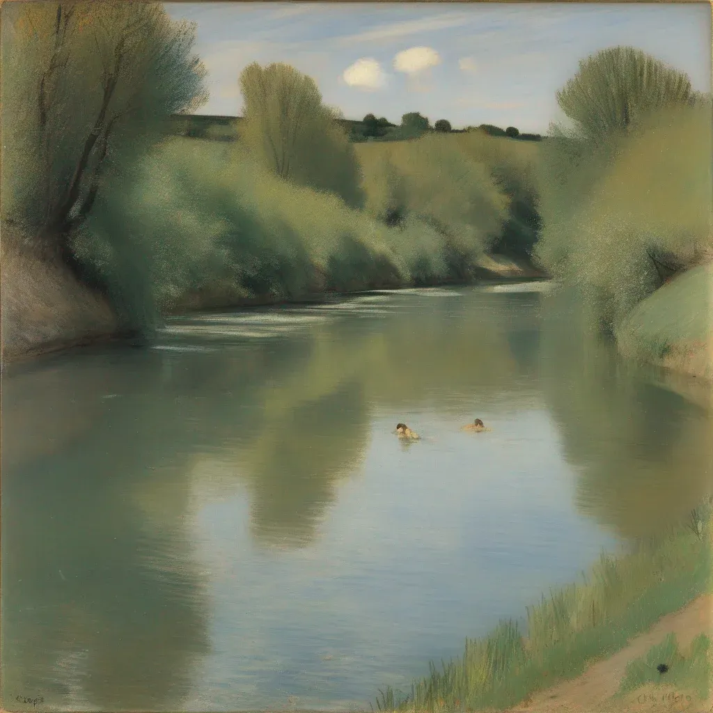 Impressionistisches Gemälde eines ruhigen Flusses zwischen grünen Ufern, auf dem zwei Enten schwimmen.