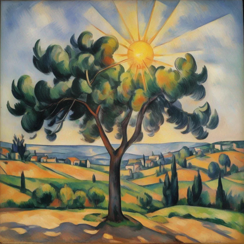 Gemälde im Stil des Postimpressionismus: Ein einzelner Baum vor einer hügeligen Landschaft, darüber eine strahlende Sonne.