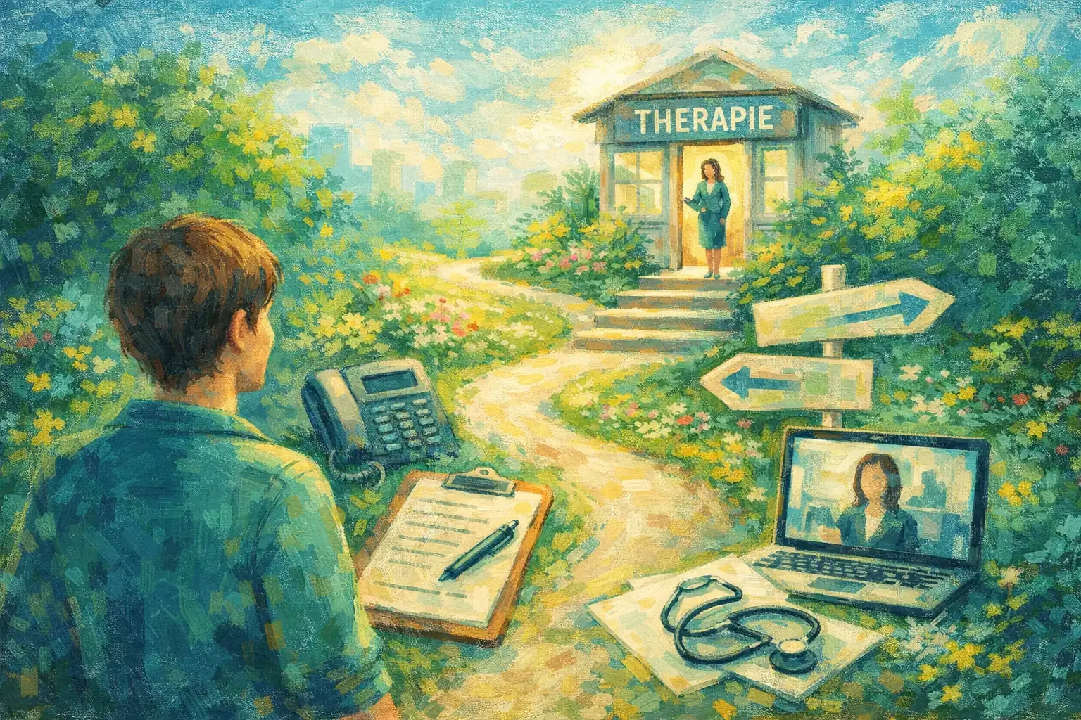 Eine Frau ist glücklich vor ihrem Computer in einer Online-Therapie Sitzung. Das Bild ist in grünen Farben im impressionistischen Stil.