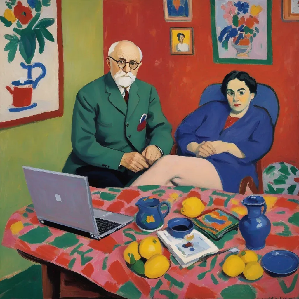 Gemälde im expressionistischen Stil: Ein älterer Mann und eine junge Frau sitzen an einem bunt gedeckten Tisch mit aufgeklapptem Laptop