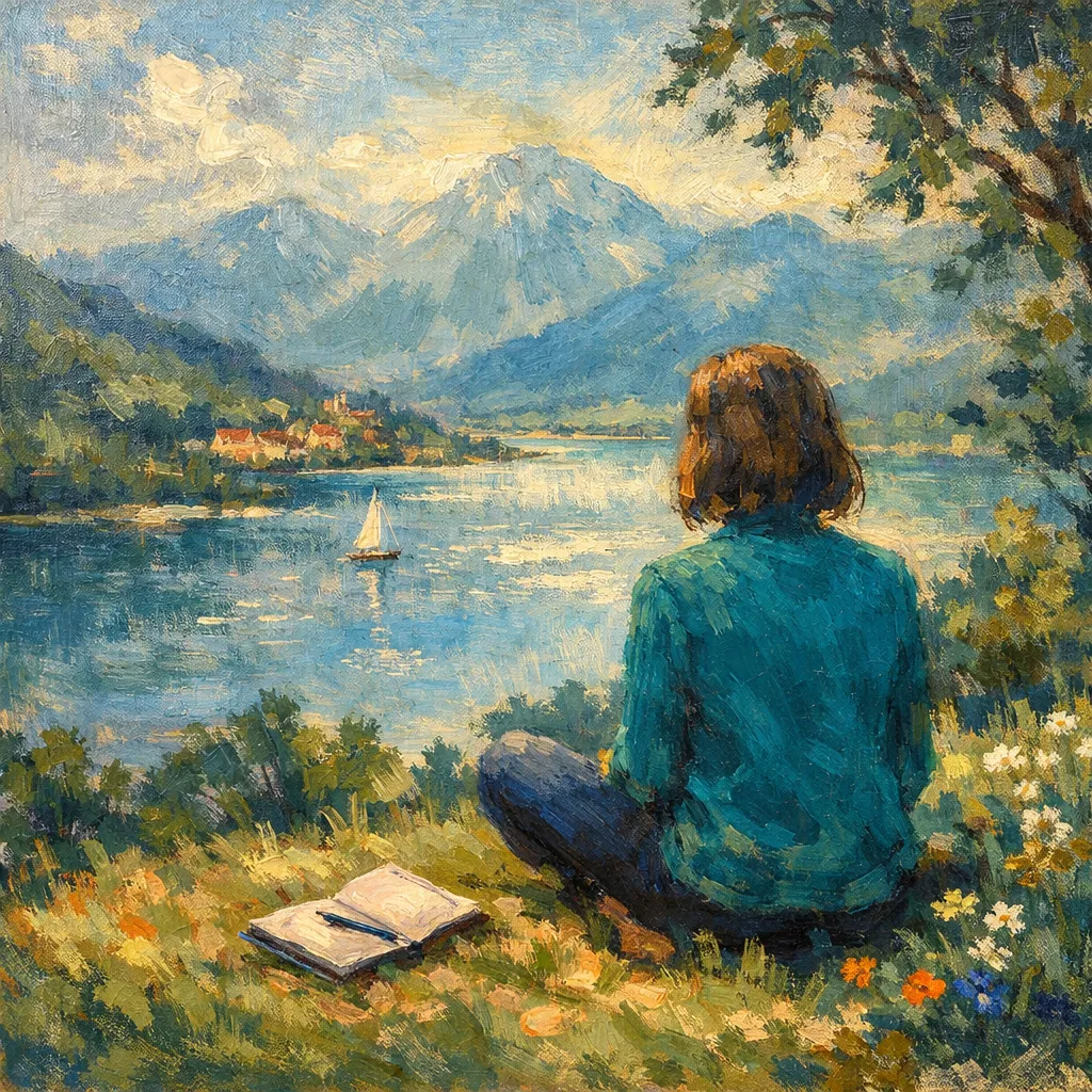 Person sitzt an einem See in den Bergen und schaut in die Ferne