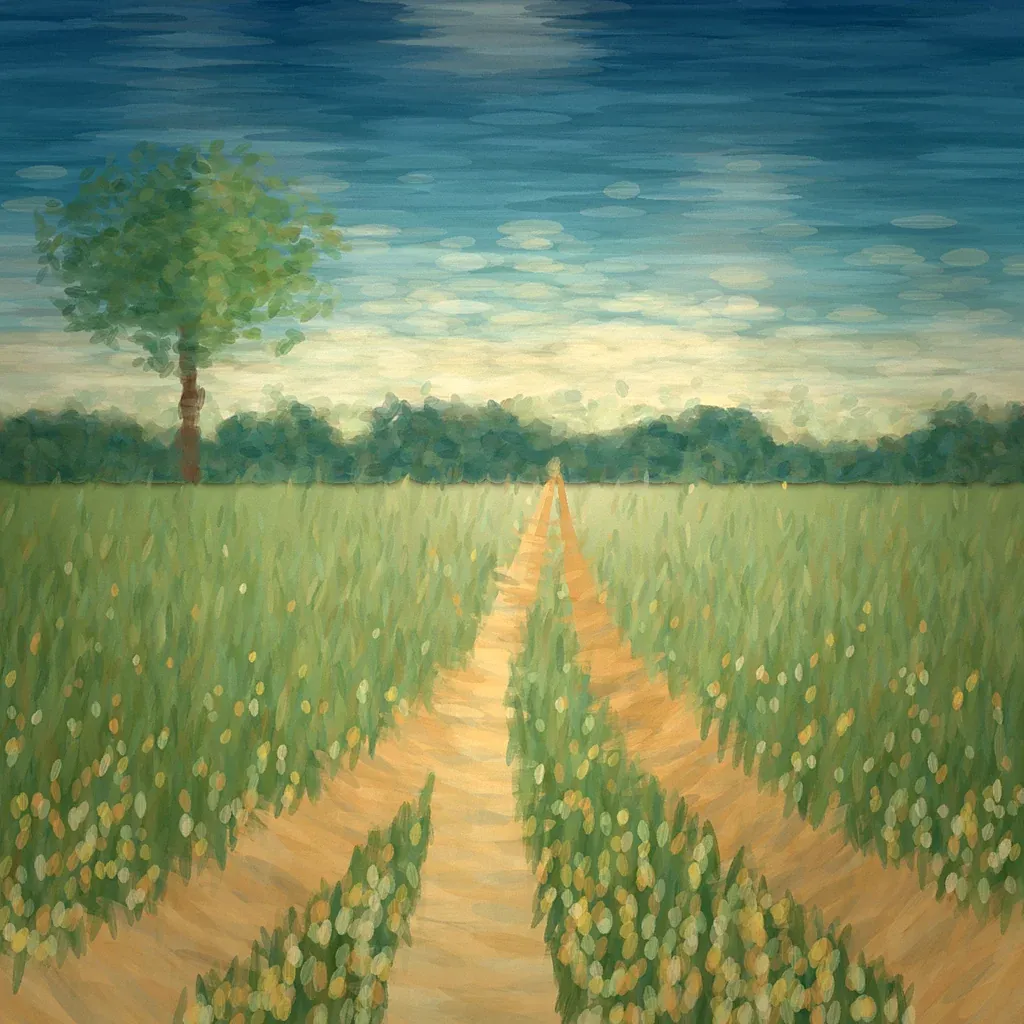 Impressionistisches Gemälde: drei Wege führen durch eine Sommerwiese auf einen hellen Horizont zu