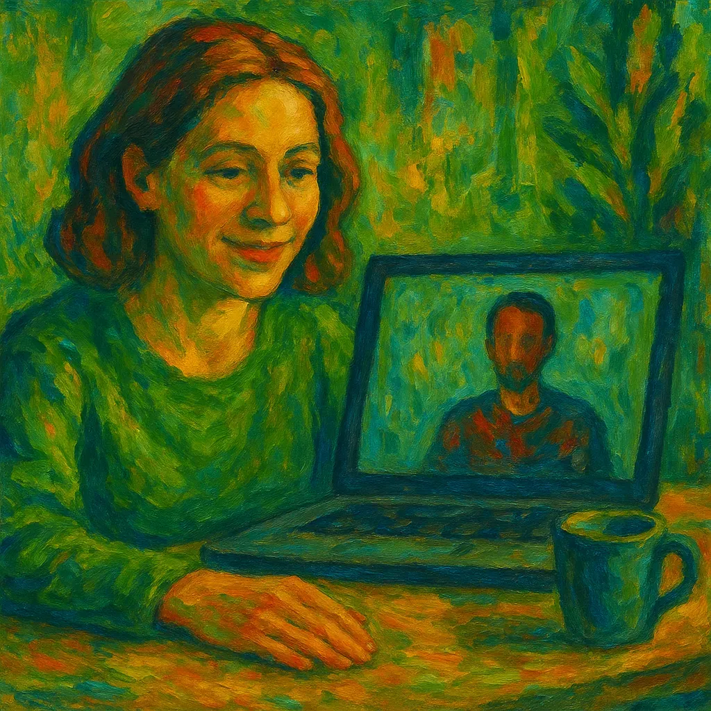 Eine Frau ist glücklich vor ihrem Computer in einer Online-Therapie Sitzung. Das Bild ist in grünen Farben im impressionistischen Stil.