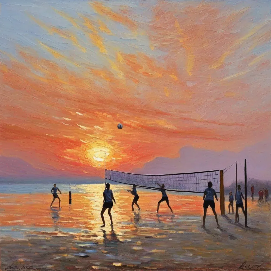 Impressionistisches Gemälde: Menschen spielen bei Sonnenuntergang Beachvolleyball am Meer, der Himmel leuchtet orange und rosa.