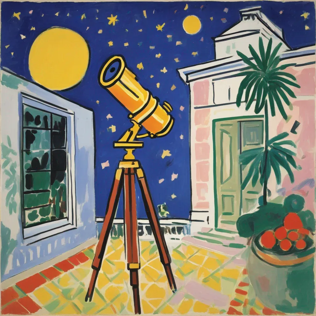 Gemälde im expressionistischen Stil: Ein gelbes Teleskop auf einer Terrasse richtet sich auf einen Sternenhimmel mit zwei Monden.