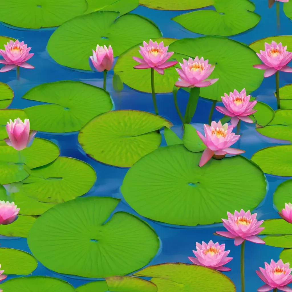Gemälde von rosa Seerosen zwischen grünen Seerosenblättern auf blauem Wasser.