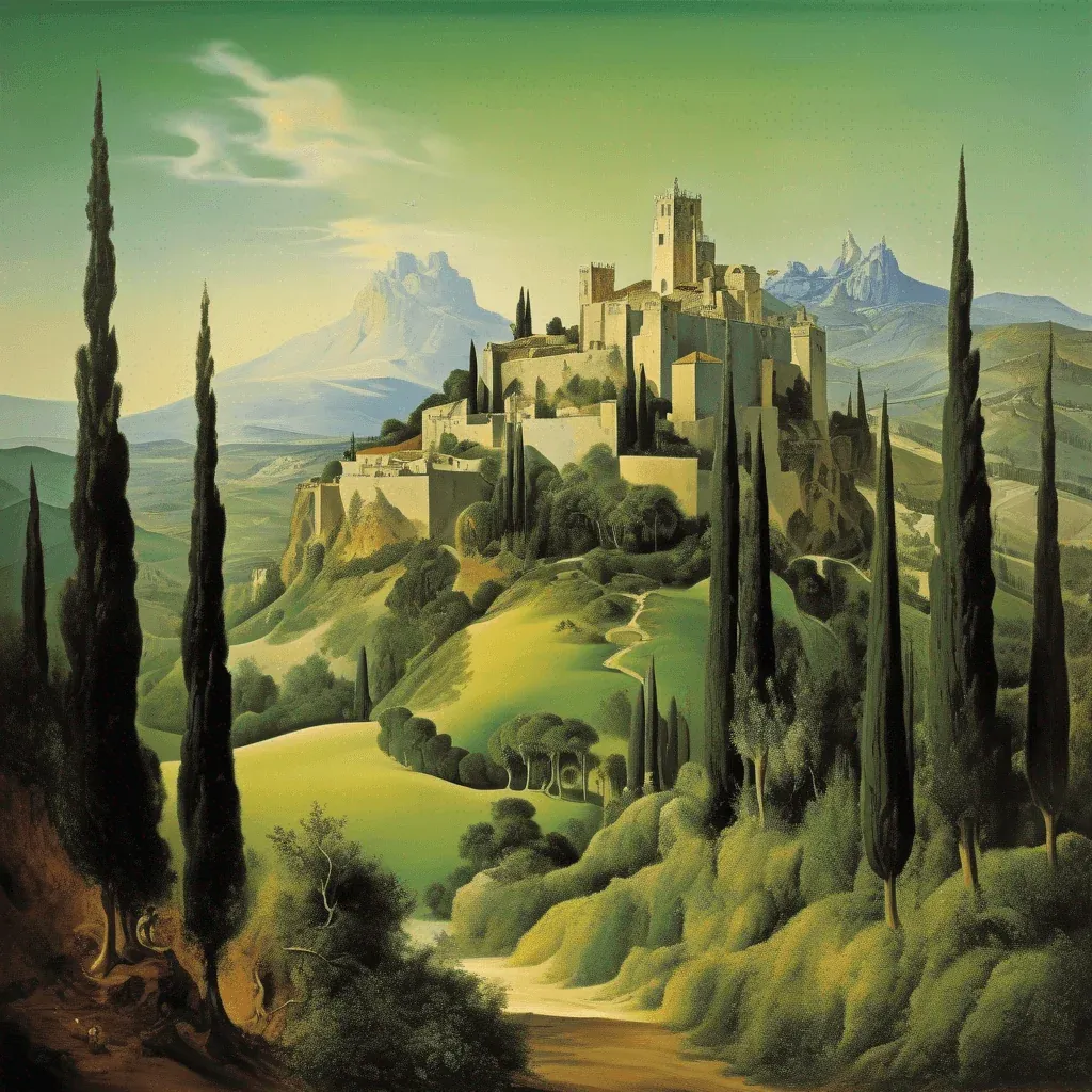 Gemälde einer Burg auf einem Hügel, umgeben von Zypressen und grüner Landschaft.