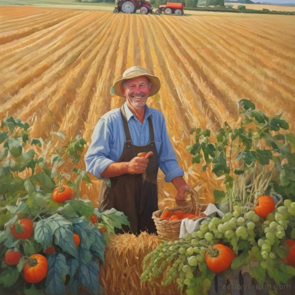 Gemälde eines lächelnden Landwirts mit Strohhut in einem Weizenfeld, umgeben von Tomatenpflanzen und Weintrauben.