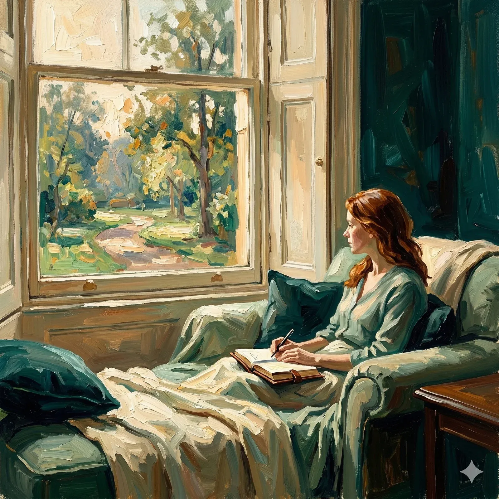 Gemälde im impressionistischen Stil: Eine Frau sitzt auf einem Sofa am Fenster und schreibt nachdenklich in ein Notizbuch.