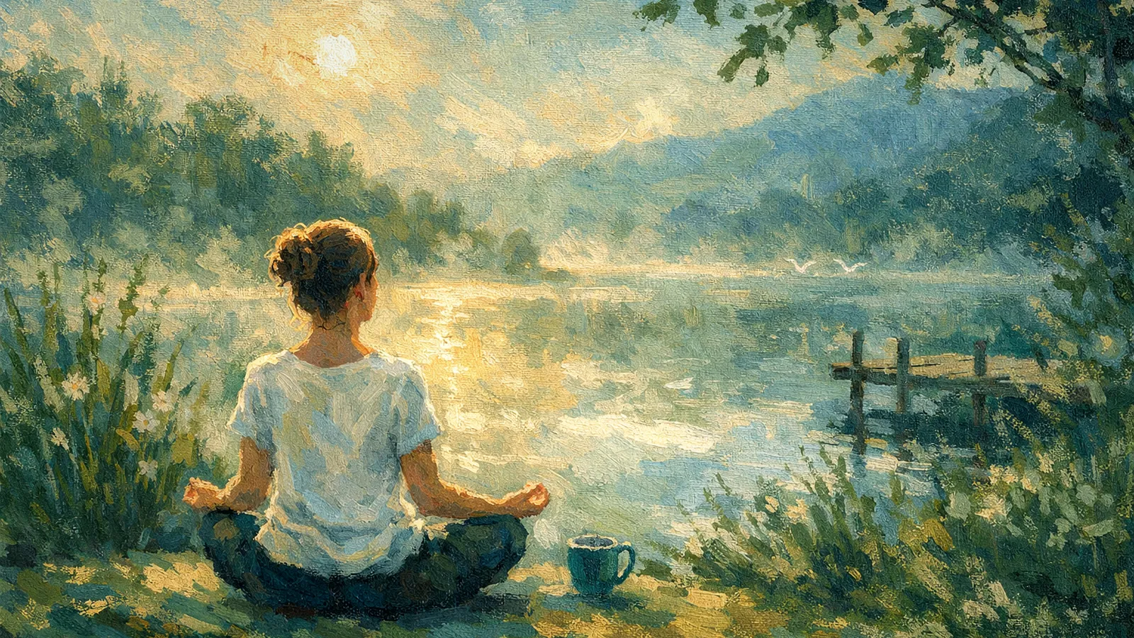 Person sitzt an einem See in den Bergen und schaut in die Ferne