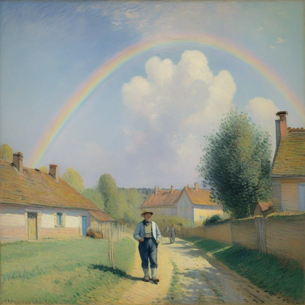 Gemälde eines Dorfwegs zwischen Häusern, auf dem ein Mann mit Strohhut geht, darüber ein Regenbogen.