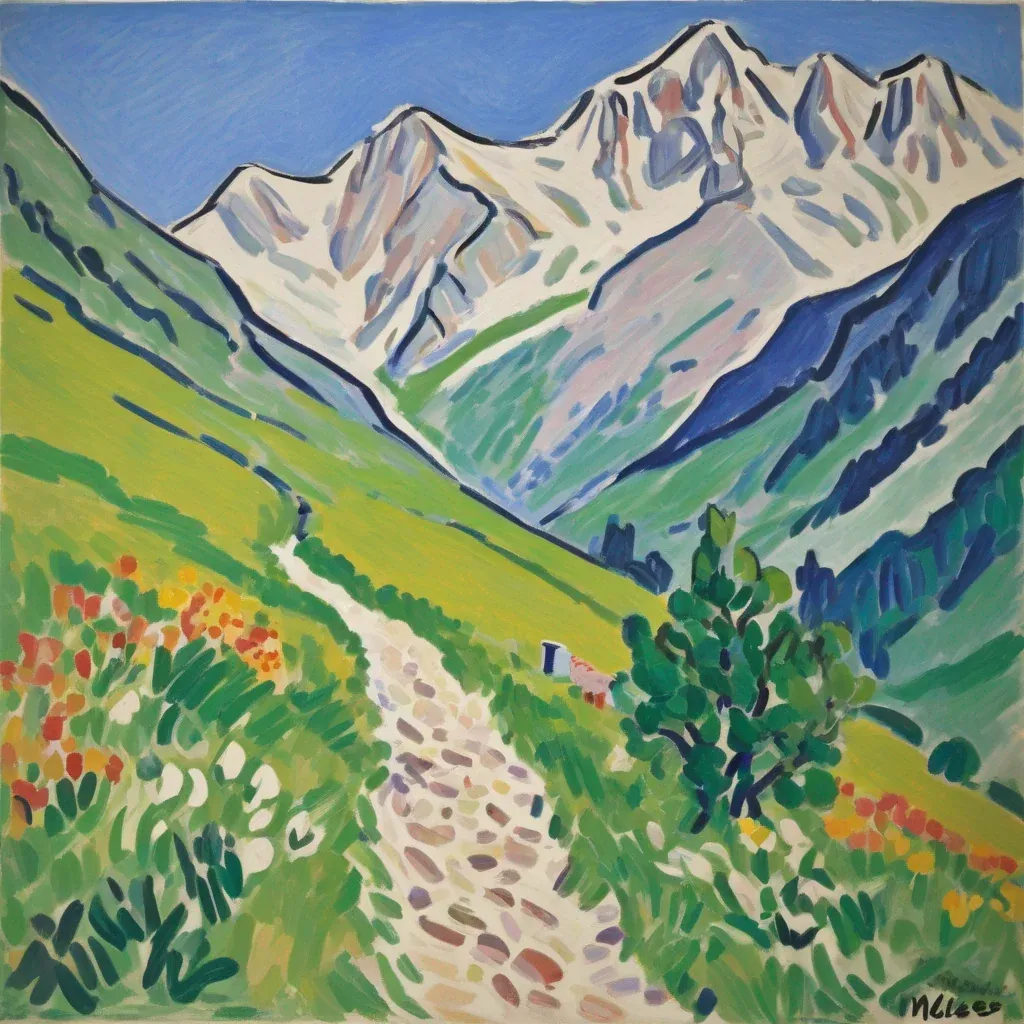 Expressionistisches Gemälde: Ein heller Steinpfad führt über eine grüne Bergwiese auf schneebedeckte Gipfel zu.